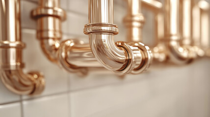 Closeup of copper plumbing pipes against tiled wall.