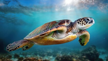 Obraz premium a turtle swims in the clean clear water. beautiful underwater world.