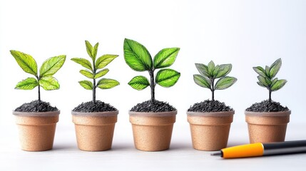 Progressive Growth Stages of Potted Plants Isolated on White, Showcasing Development from Seedling to Maturity with Vibrant Green Foliage