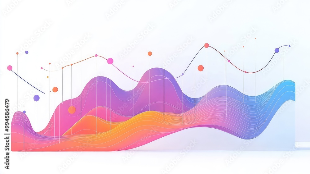 Poster vibrant abstract data wave visualization with colorful lines and dots - modern design for technology