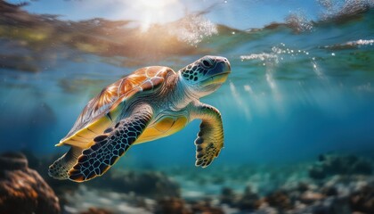 Obraz premium a turtle swims in the clean clear water. beautiful underwater world.