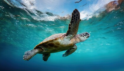 Obraz premium a turtle swims in the clean clear water. beautiful underwater world.