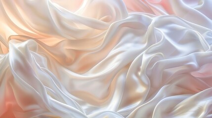 Obraz premium A variety of white silk satin fabrics cascade gracefully, showcasing their smooth texture and delicate sheen under soft lighting. The folds and creases create a rich visual depth