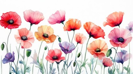 Fototapeta premium Watercolor Wildflower Bouquet Pattern Featuring Poppies
