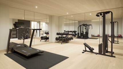 Obraz premium Modern Scandinavian home gym with light wooden floors, minimalist black equipment, and large mirrors