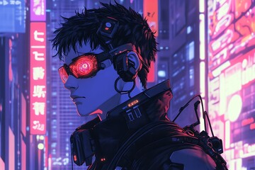 Cyberpunk Anime Character with Glowing Red Eyes in Neon City