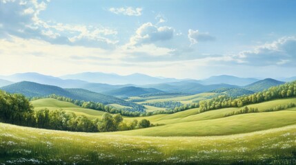Rolling Green Hills with a Distant Mountain Range Under a Blue Sky with White Clouds