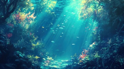 Obraz premium Sunbeams Illuminating Underwater Coral Reef with Fish