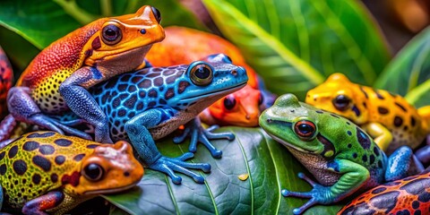 Naklejka premium Vibrant Poisonous Tree Frogs in Their Natural Habitat, Showcasing Bright Colors and Unique Patterns