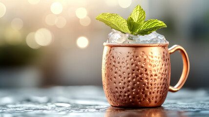 Mint julep cocktail in a hammered copper mug with ice and mint leaves.