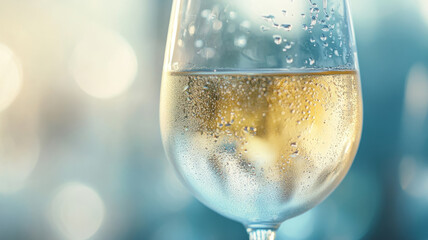 A chilled glass of white wine with condensation.