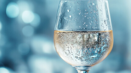 Chilled wine glass with droplets against a blue bokeh background.