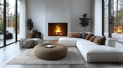  White corner sofa near fireplace. Scandinavian home interior design of modern living room. 