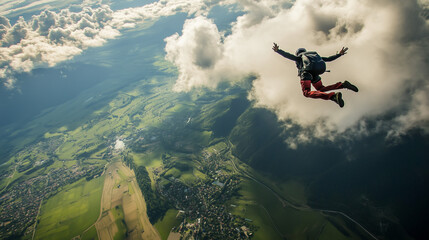 A skydiver free-falls over a picturesque view, illustrating freedom and adventure
