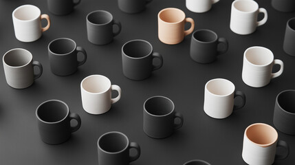 Black coffee cups on dark background, elegant minimalist design.