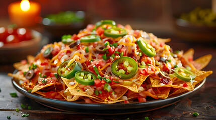 A plate of loaded nachos with cheese, jalapenos, and olives, captured using an ultra HD camera with a ring light for even illumination