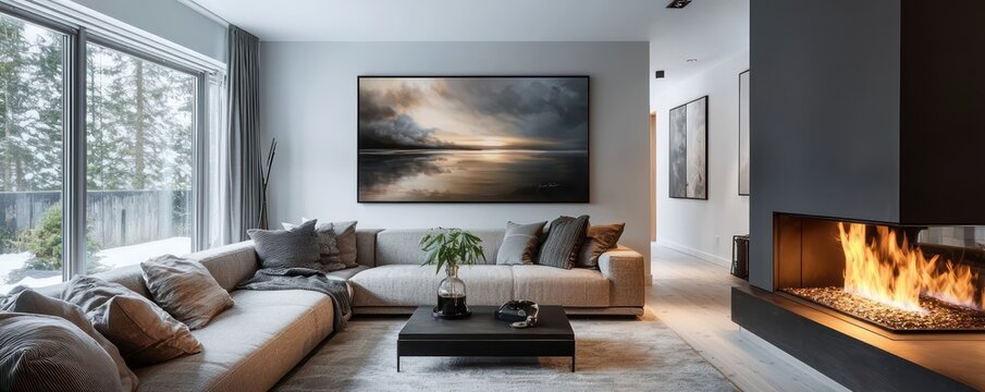 Modern Scandinavian living room with an L-shaped couch, a bio-ethanol fireplace, and large art prints in monochromatic tones