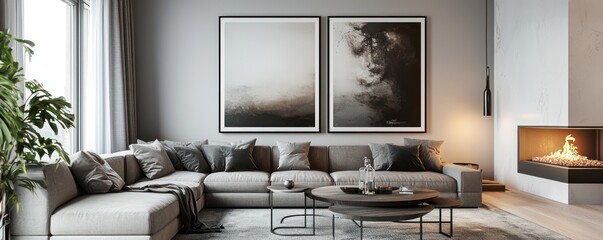 Modern Scandinavian living room with an L-shaped couch, a bio-ethanol fireplace, and large art prints in monochromatic tones