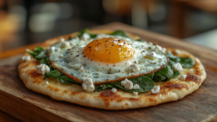 Gourmet breakfast flatbread with fried egg, spinach and goat cheese.