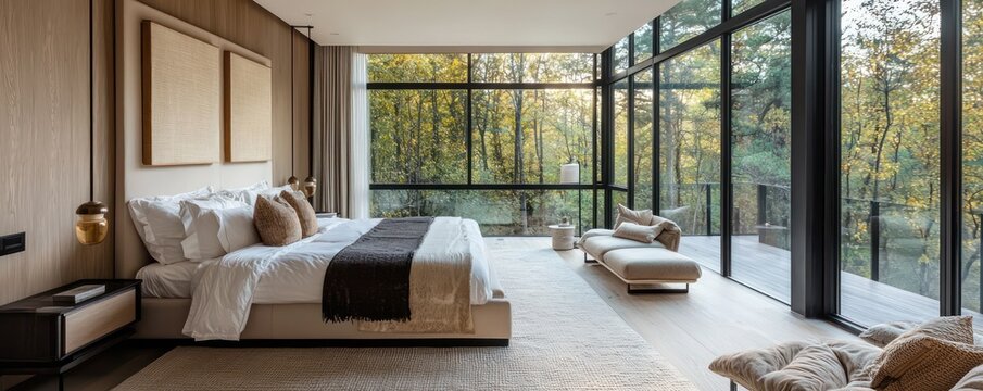 Modern Scandinavian master suite with floor-to-ceiling windows, a neutral palette, and luxurious textiles for a serene retreat