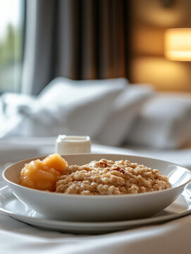 A plate of oatmeal with apple sauce in a cozy bed setting.