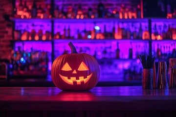 Halloween party promo poster concept. Glowing jack o lantern pumpkin. Copy space, background.