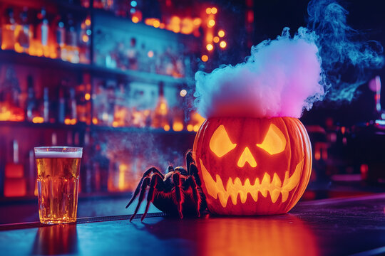 Halloween party promo poster concept. Glowing jack o lantern pumpkin. Copy space, background.