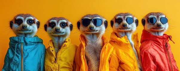 Fototapeta premium A playful group of meerkats wearing colorful jackets and sunglasses, set against a vibrant yellow background, capturing fun and joy.