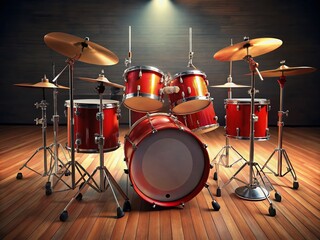 Fototapeta premium Vibrant Red Drum Set with Cymbals and Stands Perfect for Music Studios and Concert Performances
