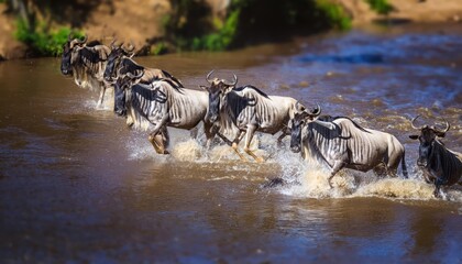 Fototapeta premium Wildebeests are crossing Mara river. Great Migration. Kenya. Tanzania. Maasai Mara National 