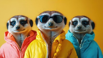 Fototapeta premium Three stylish meerkats pose in colorful jackets and sunglasses against a vibrant yellow background, showcasing their playful charm.