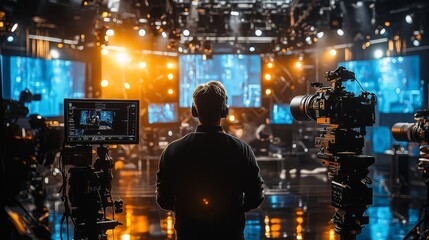 The vibrant atmosphere captures camera operators and stage crew busy setting up for a live TV hosting show, full of energy and anticipation.