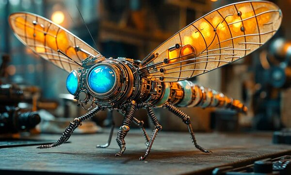 A steampunk-inspired mechanical dragonfly with glowing blue eyes.