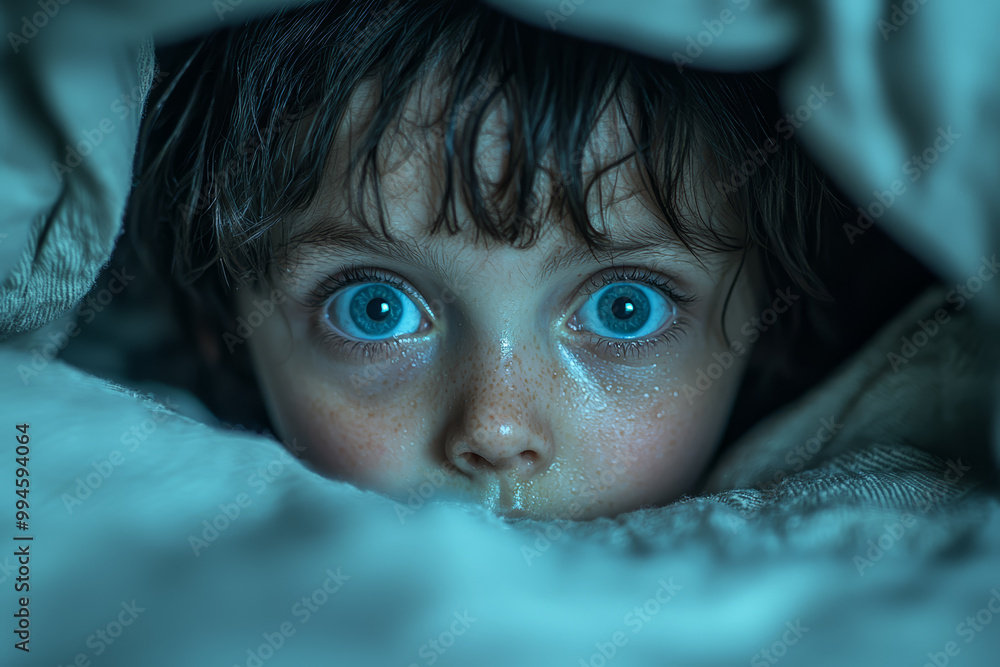 Poster a child hiding under a bed while the sounds of an argument are heard from above, creating a sense of