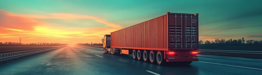 A vibrant sunset illuminates a cargo truck traveling on an open road, symbolizing transportation and logistics.