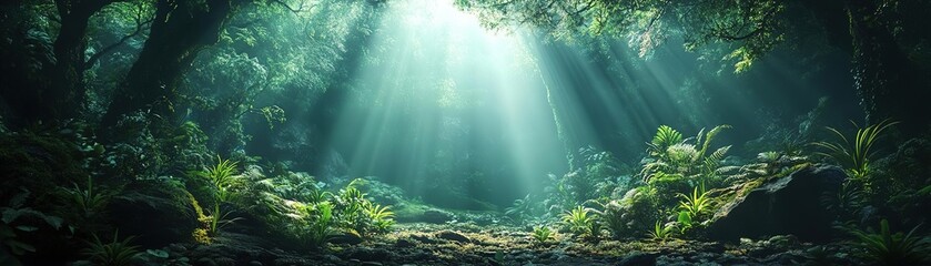 Obraz premium A tranquil forest scene with sun rays illuminating lush greenery, creating a serene and enchanting atmosphere.