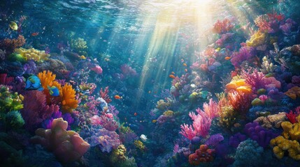 Underwater coral reef with colorful fish and sunbeams