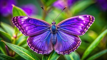 Purple butterfly is resting with its wings spread open, revealing its intricate patterns and vibrant colors