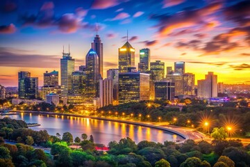 Obraz premium Vibrant skyline of an Australian city showcasing modern architecture and natural landscapes at dusk