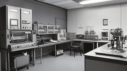 Vintage computer lab in black and white with old technology from 1960s, data processing equipment, monitor, and room decor