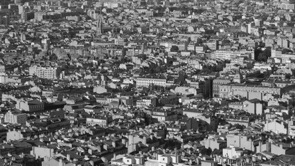 Aerial view of a densely packed urban area in black and white in Marseille