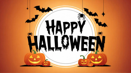 Happy Halloween scene showcasing spooky text in a glowing frame, encircled by bats, spiders and scary pumpkins on a warm orange background, illustration, flat style design