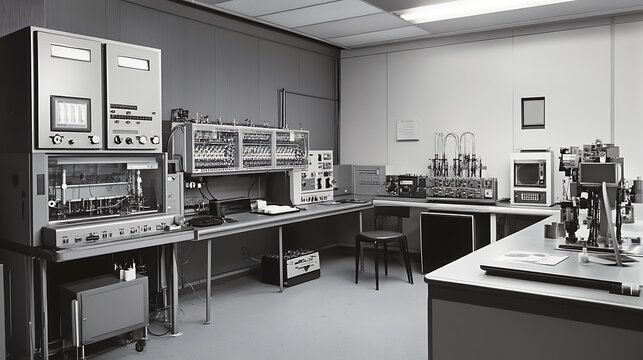 Vintage computer lab in black and white with old technology from 1960s, data processing equipment, monitor, and room decor