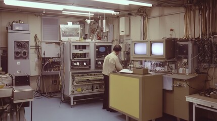 Vintage Technology,  Man working with computer and monitors in a retro computer lab from the 1970s.
