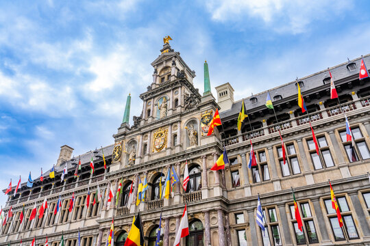 Antwerp City Hall Stadhuis Antwerpen Renaissance Architectural style building and Brabofontein Brabo Fountain on Big Market Square in Antwerp city historical centre, Antwerpen old town