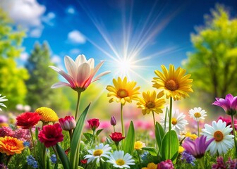 Obraz premium Vibrant Spring Background Wallpaper with Blooming Flowers, Fresh Greenery and Bright Sunshine Effects