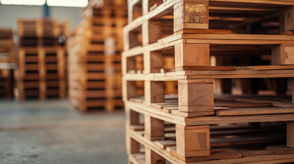 Close-up of stacked cargo pallets in an industrial setting or stock section. Stacked cargo pallets in warehouse.
