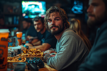 A group of friends having a casual game night at home, playing video games and snacking on finger foods.