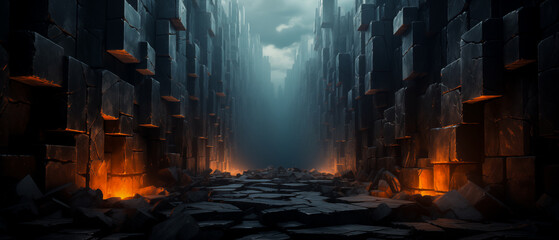 Dark futuristic dungeon corridor with floating stone blocks and fiery glows, video game environment. Graphic resource background and wallpaper.	