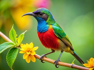 Obraz premium Vibrant Sunbird Perched on a Branch Against a Softly Blurred Green Background in Natural Habitat